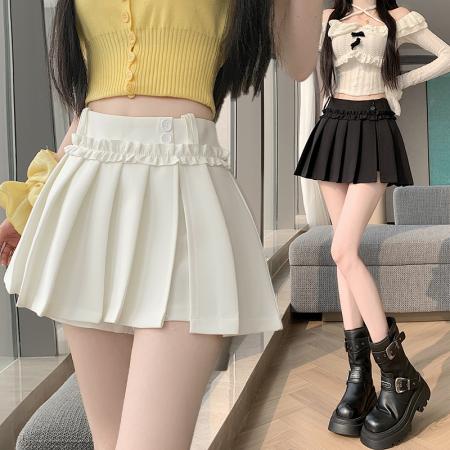 BY10457# 纽扣花边高腰A字防走光百褶短裙春夏学院风小个子半身裙 服裝批發女裝批發服飾貨源