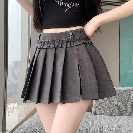 BY10457# 纽扣花边高腰A字防走光百褶短裙春夏学院风小个子半身裙 服裝批發女裝批發服飾貨源