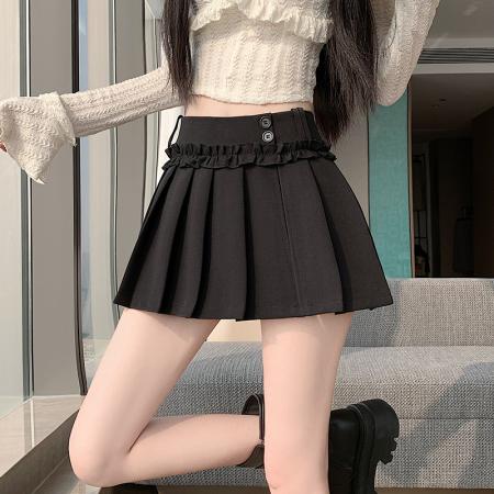 BY10457# 纽扣花边高腰A字防走光百褶短裙春夏学院风小个子半身裙 服裝批發女裝批發服飾貨源