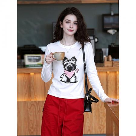 BY10459# 时尚美式复古卡通狗狗印花长袖T恤女春秋新款修身显瘦上衣潮 服裝批發女裝批發服飾貨源