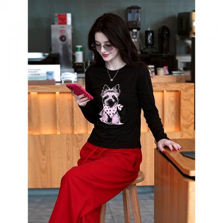 BY10459# 时尚美式复古卡通狗狗印花长袖T恤女春秋新款修身显瘦上衣潮 服裝批發女裝批發服飾貨源