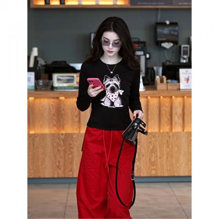 BY10459# 时尚美式复古卡通狗狗印花长袖T恤女春秋新款修身显瘦上衣潮 服裝批發女裝批發服飾貨源
