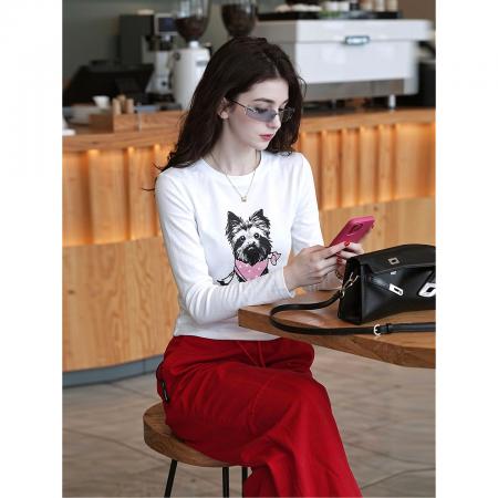 BY10459# 时尚美式复古卡通狗狗印花长袖T恤女春秋新款修身显瘦上衣潮 服裝批發女裝批發服飾貨源