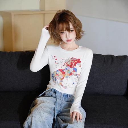 BY10460# 名媛风小马印花长袖T恤女春秋新款美式高级感修身显瘦上衣潮 服裝批發女裝批發服飾貨源