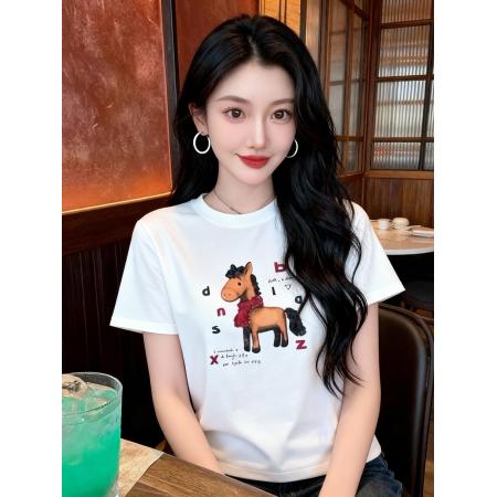 BY10463# 美式卡通印花短袖T恤女春季新款白色圆领宽松百搭小马案上衣潮 服裝批發女裝批發服飾貨源