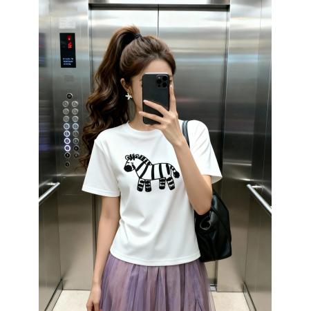 BY10464# 韩系白色卡通斑马印花短袖T恤女春季新款宽松显瘦百搭上衣 服裝批發女裝批發服飾貨源