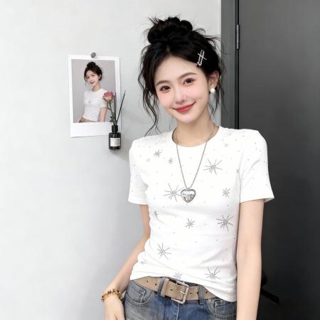 BY10465# 重工星星烫钻圆领正肩短袖T恤女春季甜酷风修身显瘦打底上衣 服裝批發女裝批發服飾貨源
