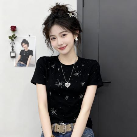 BY10465# 重工星星烫钻圆领正肩短袖T恤女春季甜酷风修身显瘦打底上衣 服裝批發女裝批發服飾貨源
