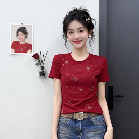 BY10465# 重工星星烫钻圆领正肩短袖T恤女春季甜酷风修身显瘦打底上衣 服裝批發女裝批發服飾貨源