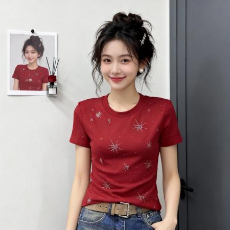 BY10465# 重工星星烫钻圆领正肩短袖T恤女春季甜酷风修身显瘦打底上衣 服裝批發女裝批發服飾貨源