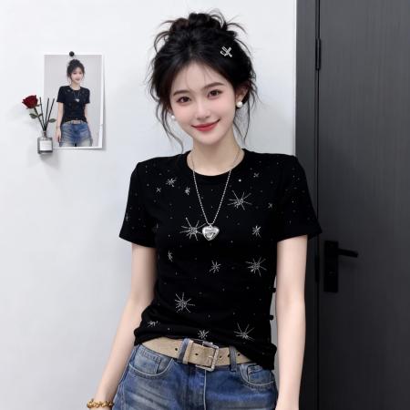 BY10465# 重工星星烫钻圆领正肩短袖T恤女春季甜酷风修身显瘦打底上衣 服裝批發女裝批發服飾貨源