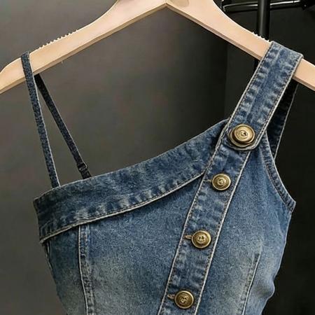 BY10466# 不对称设计牛仔吊带衫修身新款辣妹无袖气质背心小个子收腰上衣 服裝批發女裝批發服飾貨源