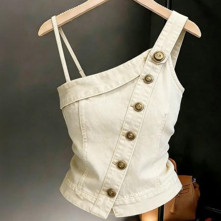 BY10466# 不对称设计牛仔吊带衫修身新款辣妹无袖气质背心小个子收腰上衣 服裝批發女裝批發服飾貨源