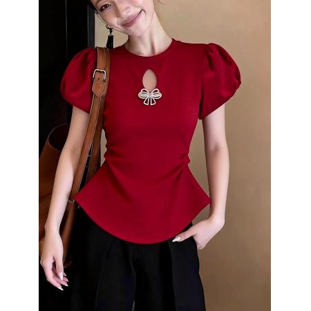 BY10468# 时尚超好看红色圆领短袖T恤夏季气质显白休闲蝴蝶结修身百搭上衣 服裝批發女裝批發服飾貨源