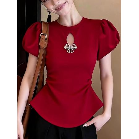 BY10468# 时尚超好看红色圆领短袖T恤夏季气质显白休闲蝴蝶结修身百搭上衣 服裝批發女裝批發服飾貨源