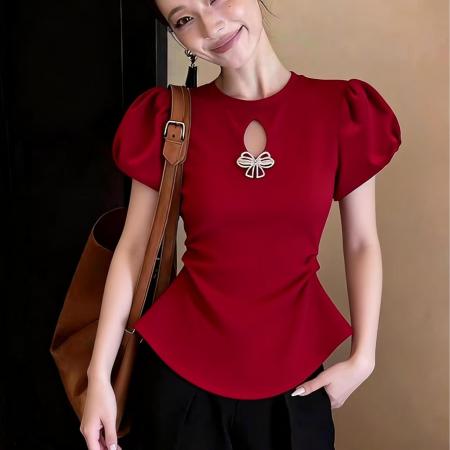 BY10468# 时尚超好看红色圆领短袖T恤夏季气质显白休闲蝴蝶结修身百搭上衣 服裝批發女裝批發服飾貨源