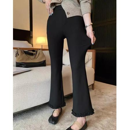 BY10470# 早春高腰显瘦黑色休闲裤小个子荷叶边显瘦九分微喇裤子 服裝批發女裝批發服飾貨源