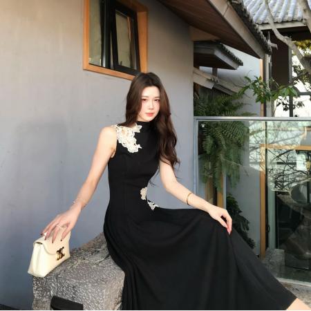 BY10472# 木子李的李墨上霜花早春气质氛围感镂空花朵拼接新中式连衣裙 服裝批發女裝批發服飾貨源