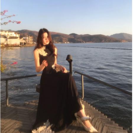 BY10472# 木子李的李墨上霜花早春气质氛围感镂空花朵拼接新中式连衣裙 服裝批發女裝批發服飾貨源