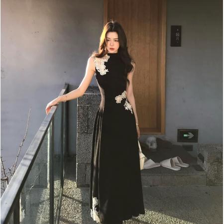 BY10472# 木子李的李墨上霜花早春气质氛围感镂空花朵拼接新中式连衣裙 服裝批發女裝批發服飾貨源