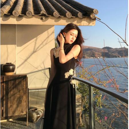 BY10472# 木子李的李墨上霜花早春气质氛围感镂空花朵拼接新中式连衣裙 服裝批發女裝批發服飾貨源