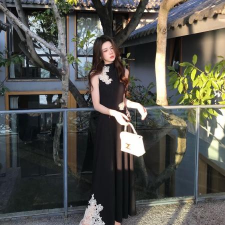 BY10472# 木子李的李墨上霜花早春气质氛围感镂空花朵拼接新中式连衣裙 服裝批發女裝批發服飾貨源