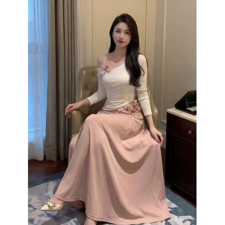 BY10474# 春日部花香信笺斜领修身上衣立体花朵吊带裙套装 服裝批發女裝批發服飾貨源