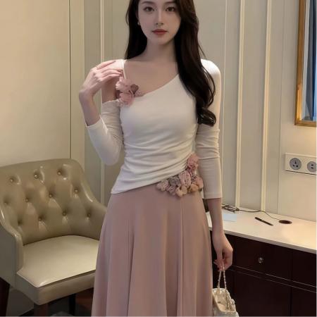 BY10474# 春日部花香信笺斜领修身上衣立体花朵吊带裙套装 服裝批發女裝批發服飾貨源