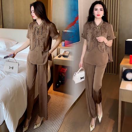 BY10477# 新中式休闲套装女夏季新款显瘦洋气衬衫阔腿裤两件套 服裝批發女裝批發服飾貨源