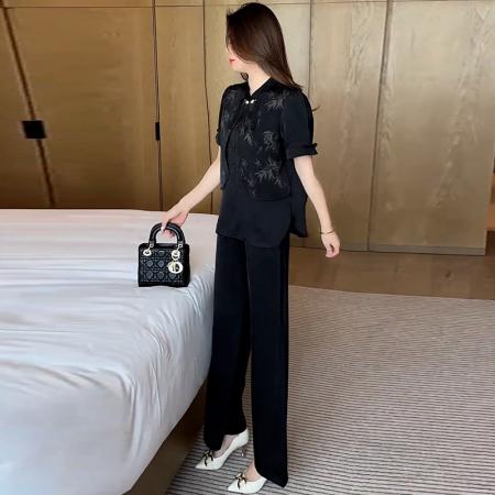 BY10477# 新中式休闲套装女夏季新款显瘦洋气衬衫阔腿裤两件套 服裝批發女裝批發服飾貨源
