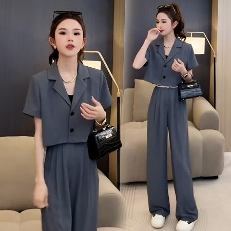 BY10479# 夏装搭配一整套女新款气质西装短外套休闲阔腿裤两件套 服裝批發女裝批發服飾貨源