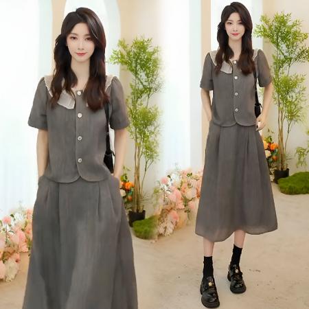BY10480# 休闲套装裙女夏季新款小个子洋气减龄短袖半身裙两件套 服裝批發女裝批發服飾貨源