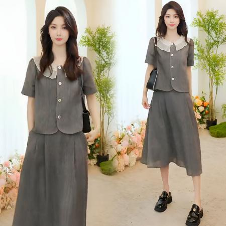 BY10480# 休闲套装裙女夏季新款小个子洋气减龄短袖半身裙两件套 服裝批發女裝批發服飾貨源