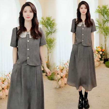 BY10480# 休闲套装裙女夏季新款小个子洋气减龄短袖半身裙两件套 服裝批發女裝批發服飾貨源