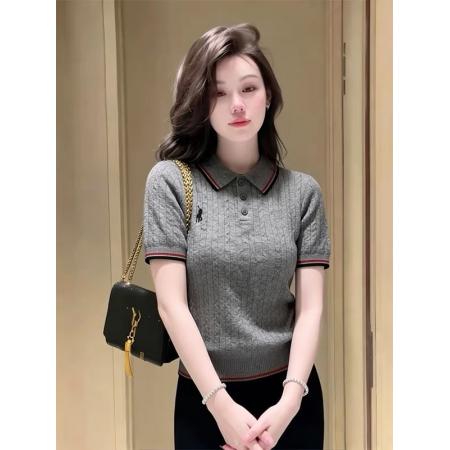 BY10481# 高级感灰色polo领刺绣设计短袖针织衫女时尚气质减龄百搭显瘦上衣 服裝批發女裝批發服飾貨源