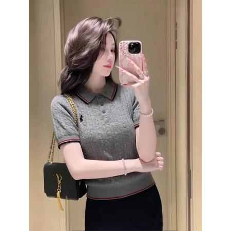 BY10481# 高级感灰色polo领刺绣设计短袖针织衫女时尚气质减龄百搭显瘦上衣 服裝批發女裝批發服飾貨源