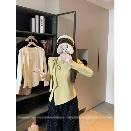 BY10482# 春装新款胖mm大码女时尚纯欲方领立体蝴蝶结开叉长袖上衣 服裝批發女裝批發服飾貨源