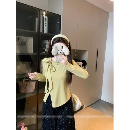 BY10482# 春装新款胖mm大码女时尚纯欲方领立体蝴蝶结开叉长袖上衣 服裝批發女裝批發服飾貨源