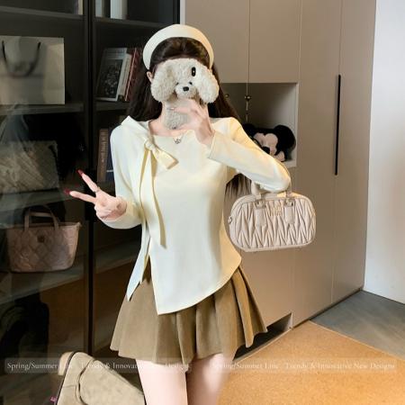 BY10482# 春装新款胖mm大码女时尚纯欲方领立体蝴蝶结开叉长袖上衣 服裝批發女裝批發服飾貨源