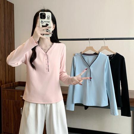 BY10483# 春装新款胖mm大码女设计感百搭撞色内搭正肩长袖上衣 服裝批發女裝批發服飾貨源