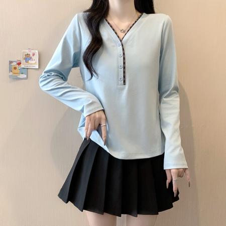 BY10483# 春装新款胖mm大码女设计感百搭撞色内搭正肩长袖上衣 服裝批發女裝批發服飾貨源