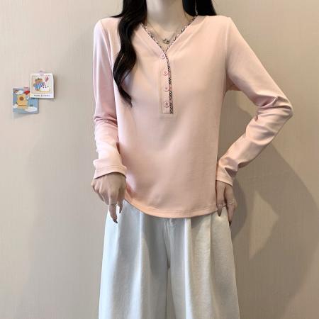 BY10483# 春装新款胖mm大码女设计感百搭撞色内搭正肩长袖上衣 服裝批發女裝批發服飾貨源