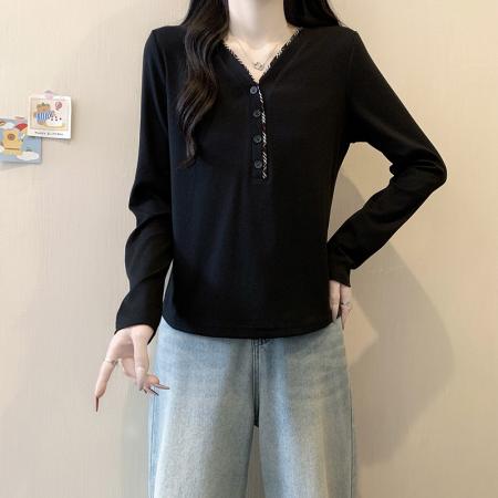 BY10483# 春装新款胖mm大码女设计感百搭撞色内搭正肩长袖上衣 服裝批發女裝批發服飾貨源