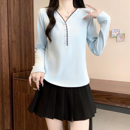 BY10483# 春装新款胖mm大码女设计感百搭撞色内搭正肩长袖上衣 服裝批發女裝批發服飾貨源