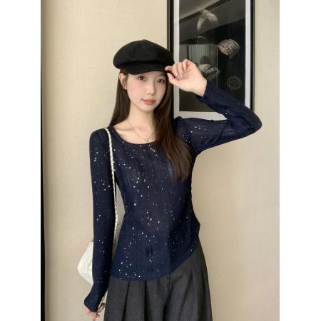 BY10484# 春装新款胖mm大码女高级感纯欲亮闪闪不规则长袖上衣 服裝批發女裝批發服飾貨源