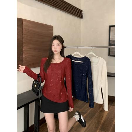 BY10484# 春装新款胖mm大码女高级感纯欲亮闪闪不规则长袖上衣 服裝批發女裝批發服飾貨源