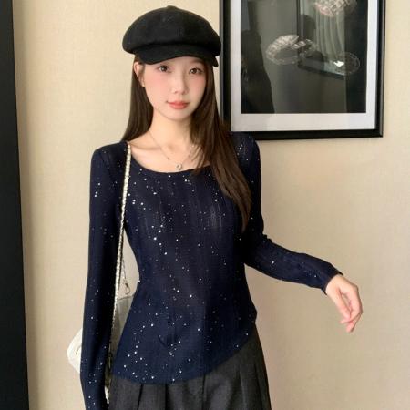 BY10484# 春装新款胖mm大码女高级感纯欲亮闪闪不规则长袖上衣 服裝批發女裝批發服飾貨源