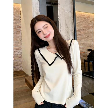 BY10485# 春装新款胖mm大码女韩系减龄娃娃领针织花边长袖上衣 服裝批發女裝批發服飾貨源