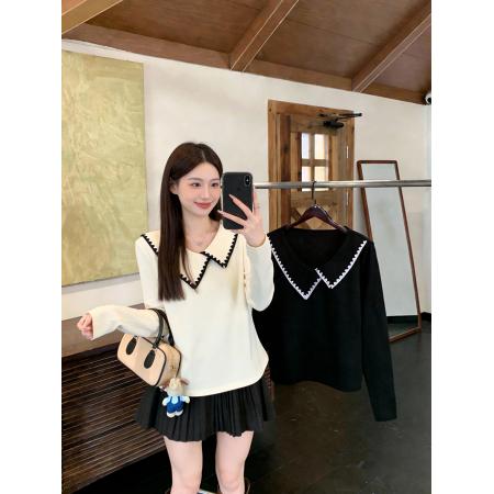 BY10485# 春装新款胖mm大码女韩系减龄娃娃领针织花边长袖上衣 服裝批發女裝批發服飾貨源