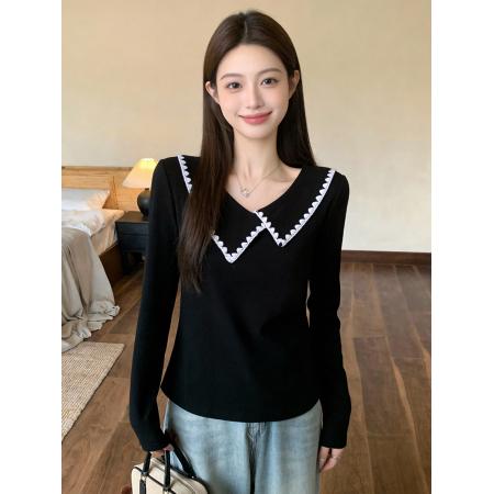 BY10485# 春装新款胖mm大码女韩系减龄娃娃领针织花边长袖上衣 服裝批發女裝批發服飾貨源